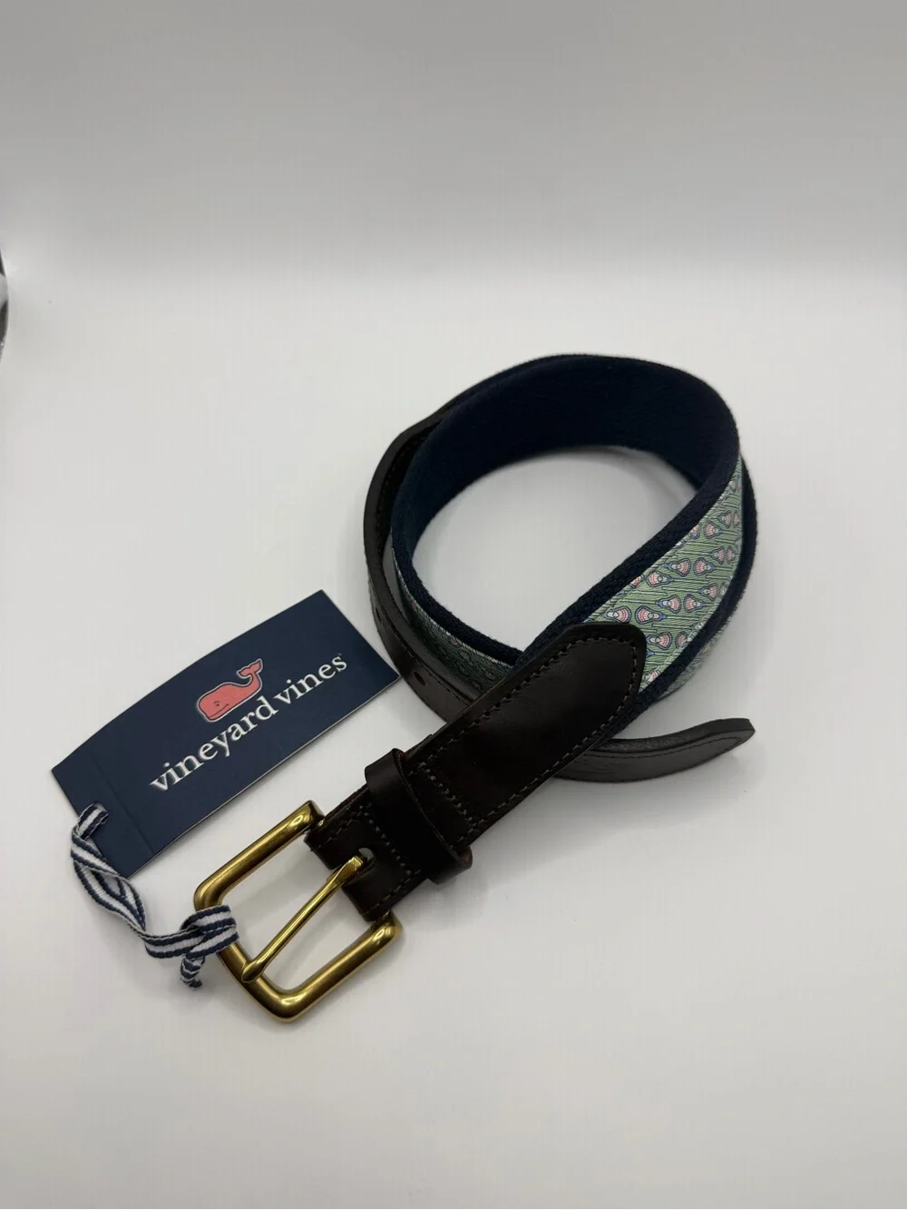 Vineyard Vines Navy & Green Paisley Webbed Leather-Trim Belt